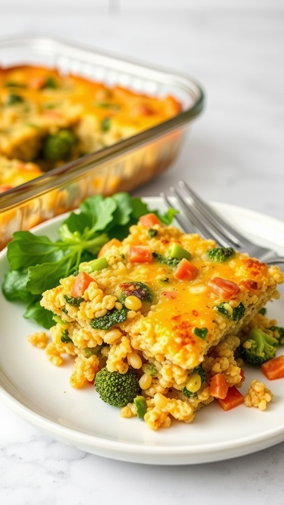 A slice of Broccoli and Cheddar Quinoa Bake on a white plate, garnished with greens and served alongside the baking dish.