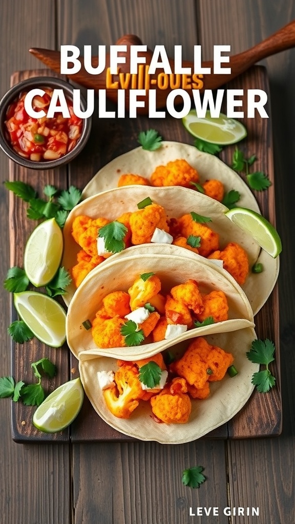 Buffalo cauliflower tacos with lime and salsa on a wooden board