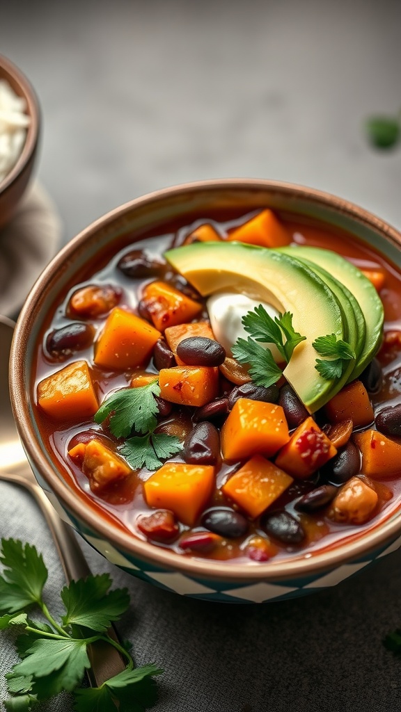 A bowl of butternut squash and black bean chili topped with avocado slices and cilantro