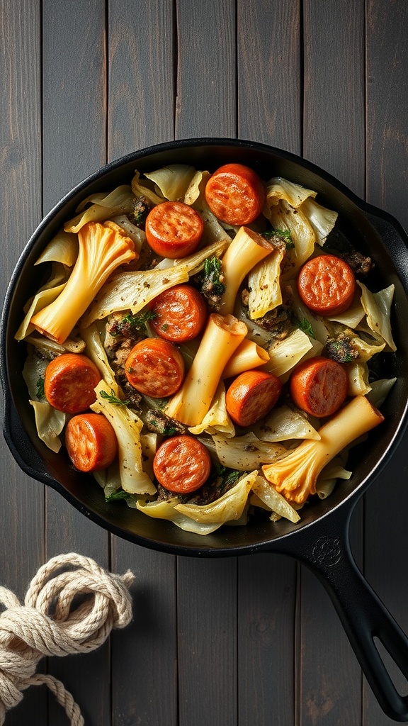 A skillet filled with cabbage and sausage, showcasing vibrant colors and comforting ingredients.