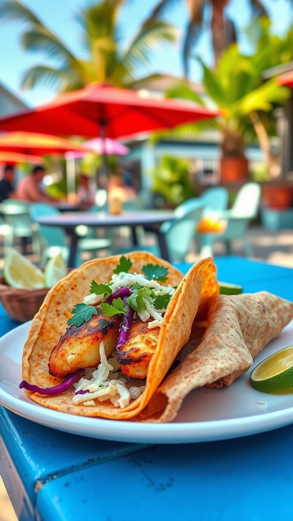 A plate of Caribbean jerk fish tacos with fresh toppings, set in a lively outdoor dining area