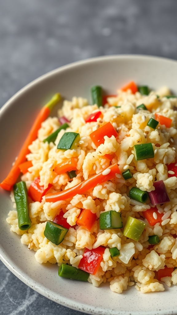 A bowl of cauliflower rice stir-fry with colorful vegetables including bell peppers, carrots, and green onions.