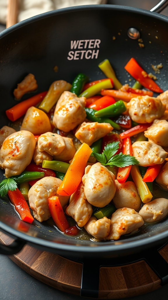 A stir-fry of chicken and colorful vegetables in a black skillet