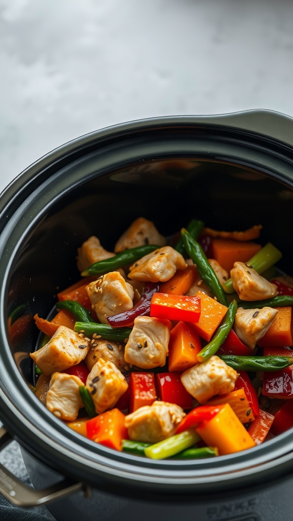 A colorful chicken and vegetable stir-fry in a crockpot, featuring chicken pieces, green beans, red bell peppers, carrots, and butternut squash.