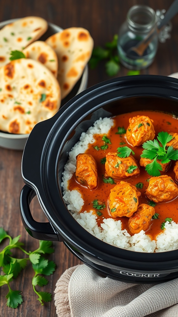 Crockpot Chicken Tikka Masala with rice and naan on the side