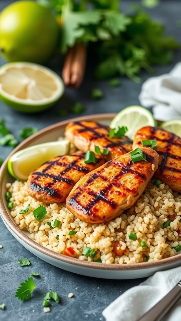 Grilled chili lime chicken served over quinoa with fresh limes and cilantro in the background.