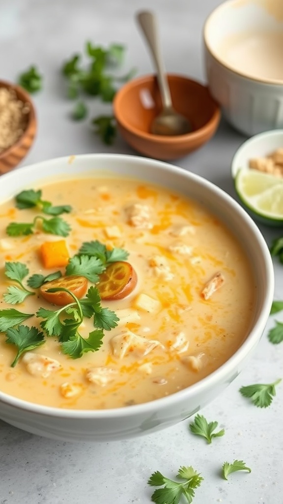 A bowl of creamy coconut curry vegetable soup topped with cilantro and lime, surrounded by fresh ingredients.