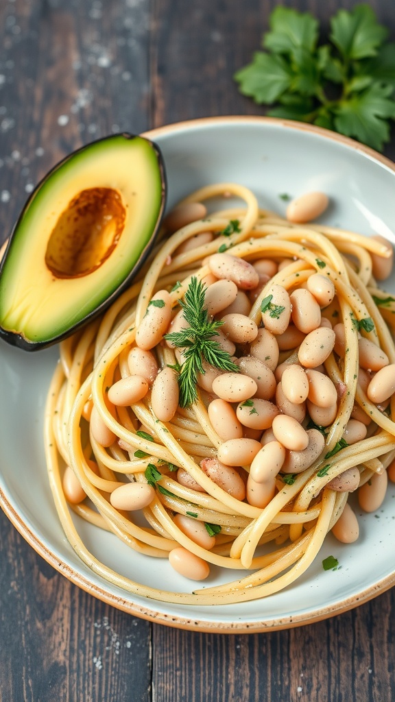 A plate of creamy avocado and white bean pasta garnished with herbs and served with a slice of avocado.