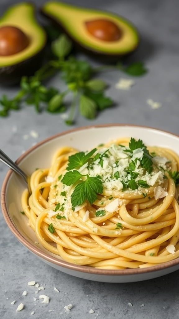 A bowl of creamy avocado pasta topped with herbs and cheese, with avocado halves in the background.