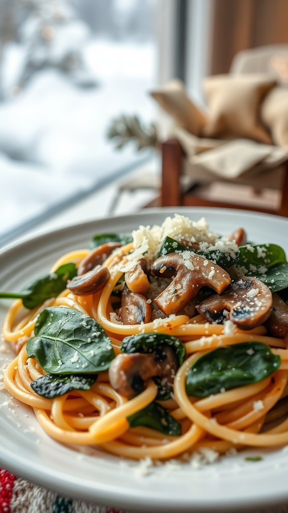 A plate of creamy mushroom and spinach pasta, garnished with cheese, placed on a table with a snowy background.