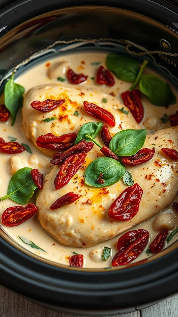 A close-up of creamy Tuscan chicken with sun-dried tomatoes and fresh basil in a crockpot.