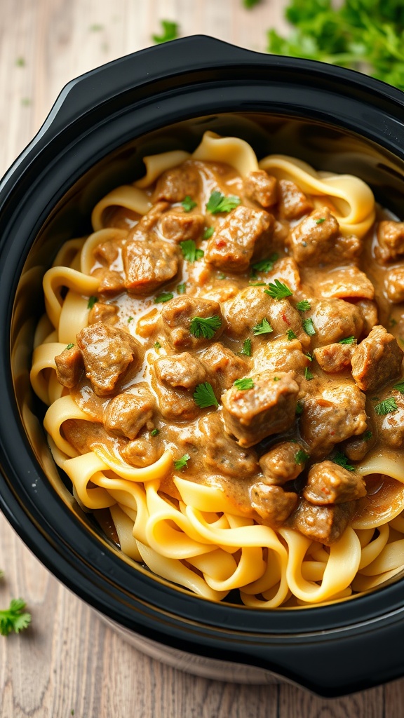 A bowl of beef stroganoff served over noodles in a black crockpot.