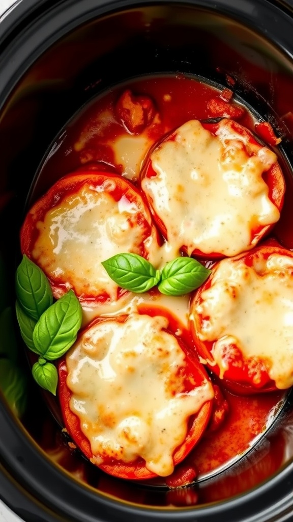 A close-up of eggplant parmesan in a crockpot, topped with cheese and basil.