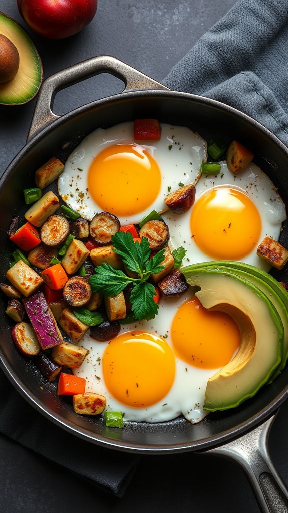 A delicious breakfast skillet with eggs, avocado, and colorful vegetables.