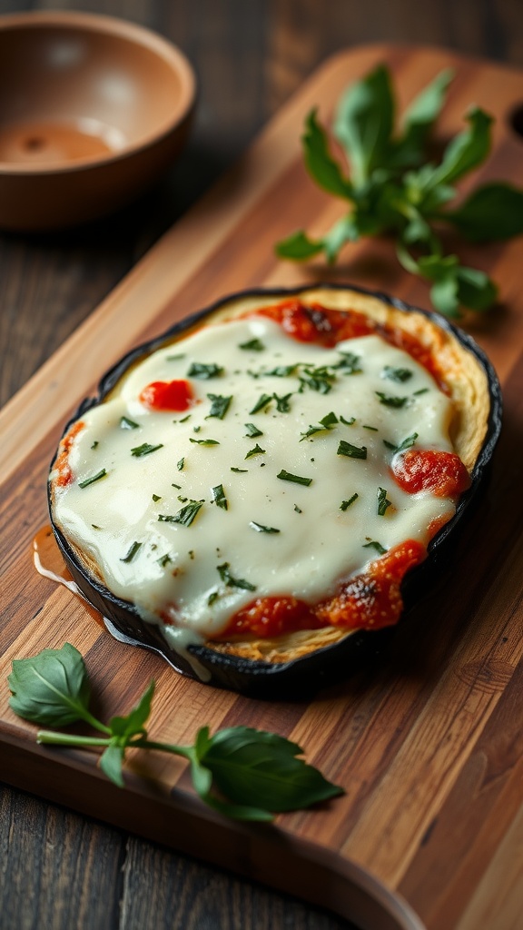 A plate of eggplant parmesan topped with cheese and herbs, served on a wooden board.