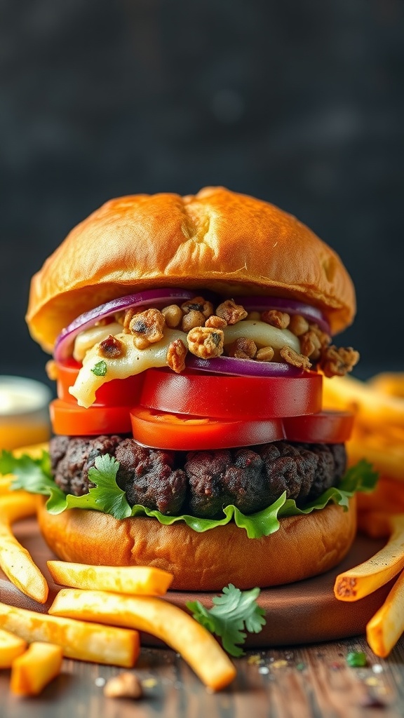 A delicious black bean burger topped with fresh vegetables and served with fries.