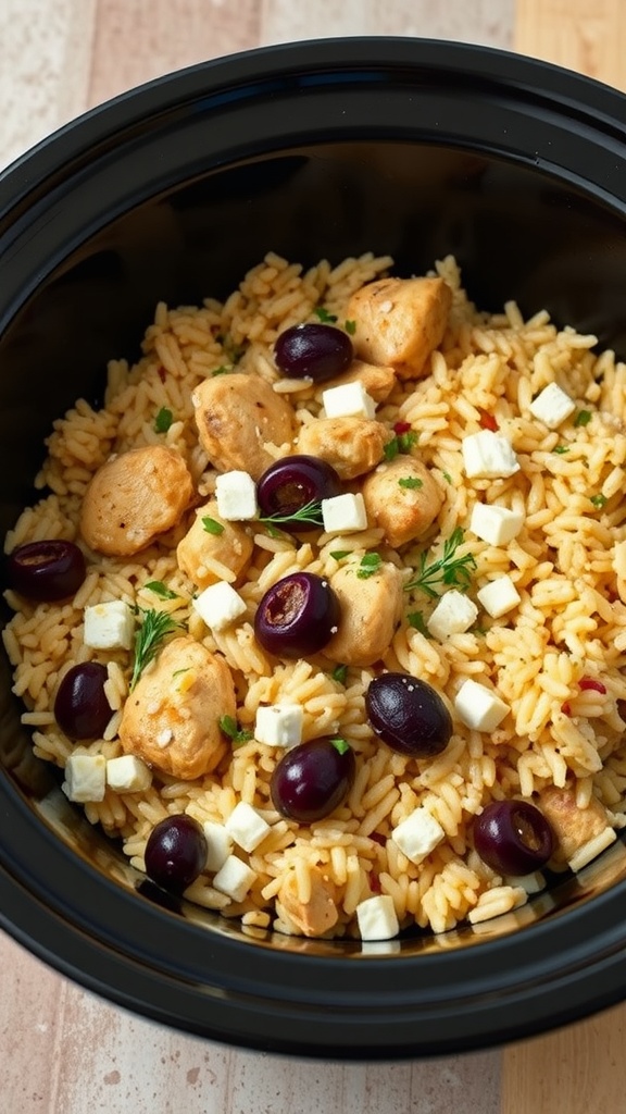 A crockpot filled with Greek chicken, rice, olives, and feta cheese.