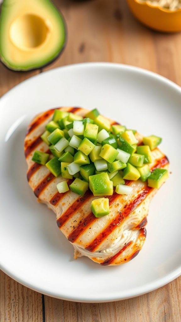 Grilled chicken breast garnished with green avocado salsa on a white plate.