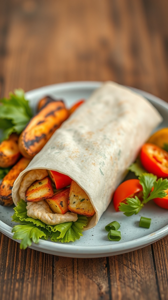 A grilled vegetable and hummus wrap served on a plate alongside fresh vegetables.