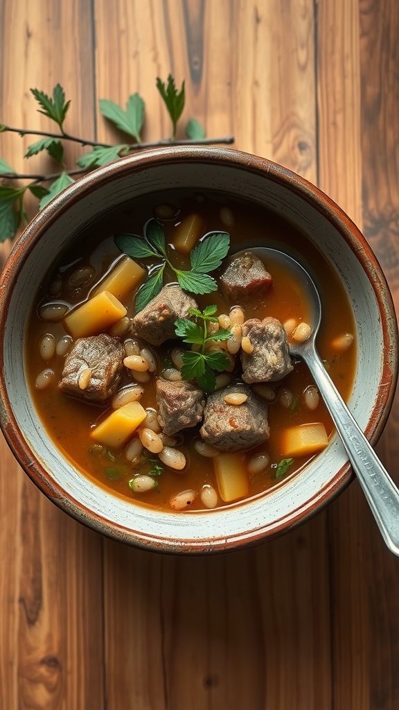 A bowl of hearty beef and barley soup with chunks of beef, vegetables, and barley, garnished with fresh herbs.