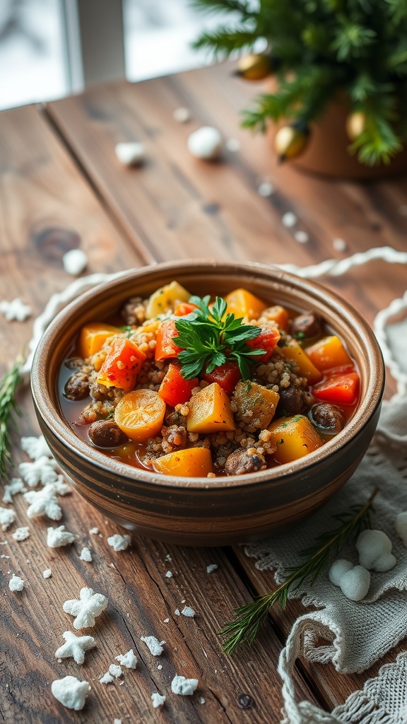 A bowl of hearty vegetable and quinoa stew with colorful vegetables and garnished with fresh herbs.