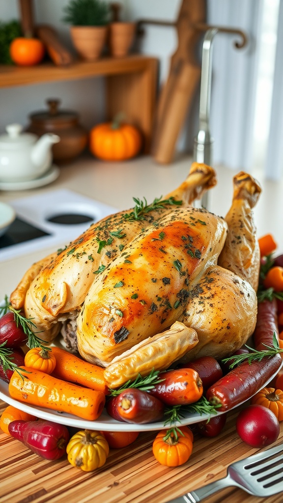 A beautifully roasted chicken surrounded by colorful root vegetables on a plate