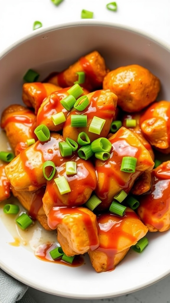 A bowl of Honey Garlic Sriracha Chicken garnished with chopped green onions.