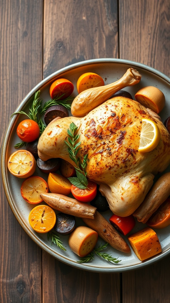 Lemon Garlic Roasted Chicken with colorful root vegetables arranged on a plate.