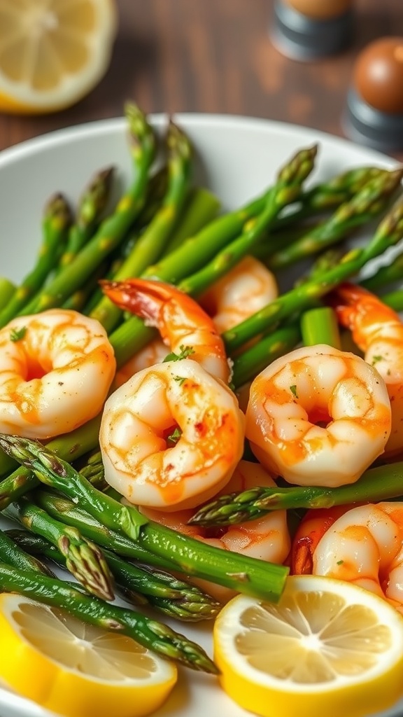 A plate of lemon garlic shrimp with asparagus, garnished with lemon slices.