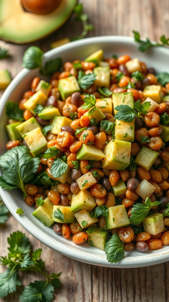 A vibrant lentil and avocado salad with colorful beans and fresh herbs in a large bowl.