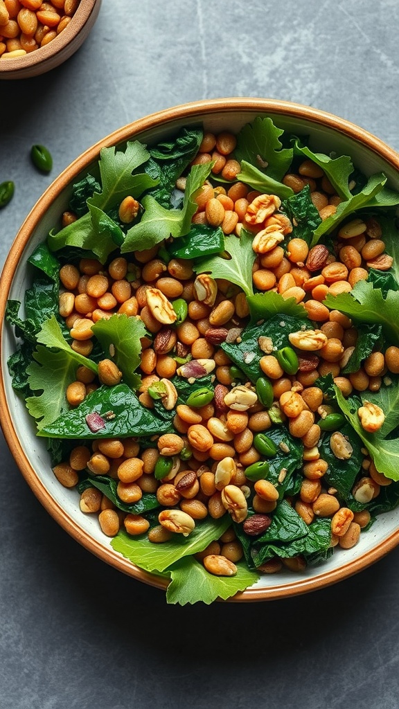 A close-up of a lentil and kale salad with greens and nuts.