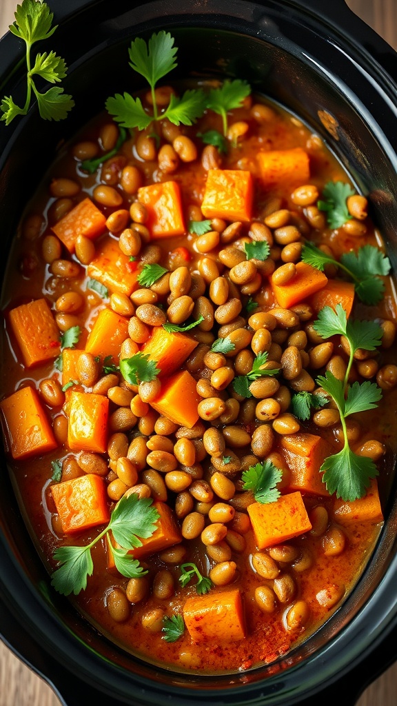 A hearty lentil and sweet potato curry in a crockpot garnished with fresh herbs.