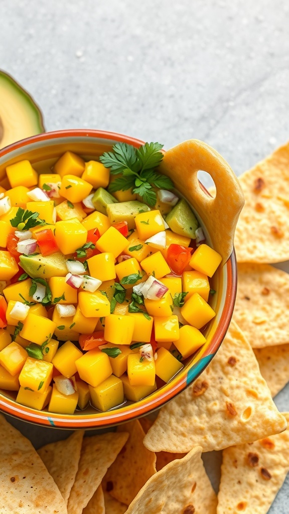 A bowl of mango avocado salsa with diced mango, avocado, and cilantro, surrounded by tortilla chips.