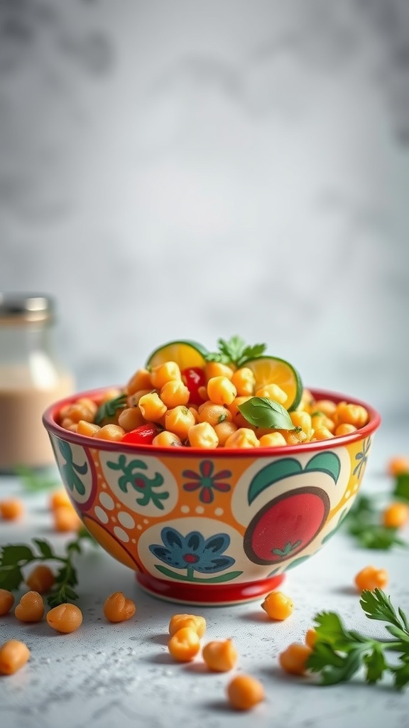 A bowl of Mediterranean Chickpea Salad filled with golden chickpeas, cherry tomatoes, and herbs, placed on a light surface.