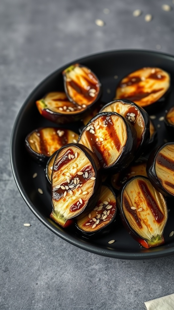 A plate of grilled miso-glazed eggplant halves, garnished with sesame seeds.