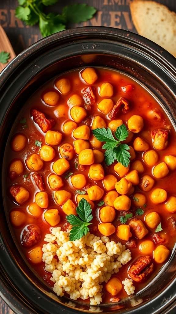 A close-up of Moroccan Chickpea Stew in a crockpot, featuring chickpeas, herbs, and a rich tomato sauce.