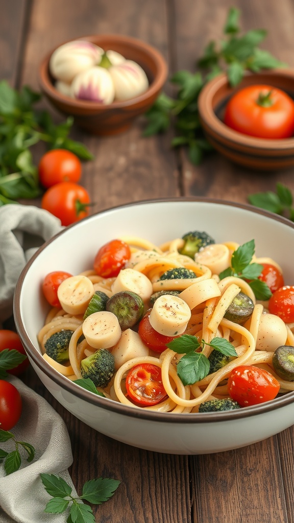 A bowl of Pasta Primavera with seasonal vegetables, including spaghetti, cherry tomatoes, and broccoli, set on a wooden table with fresh herbs and tomatoes.