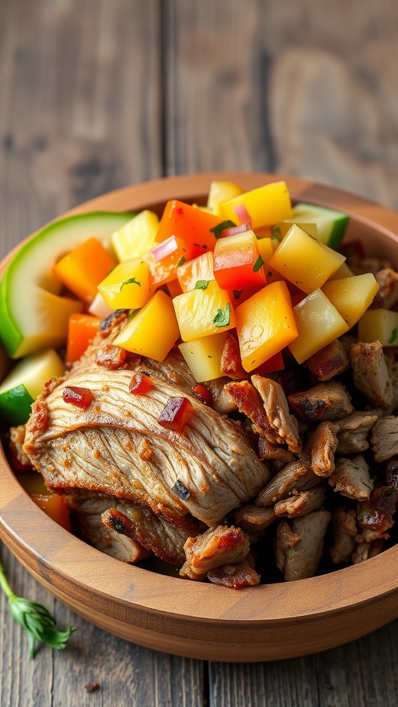 A bowl of pulled pork topped with colorful pineapple salsa, surrounded by fresh vegetables.