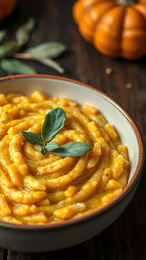 A bowl of creamy pumpkin and sage risotto topped with fresh sage leaves, with pumpkins in the background.