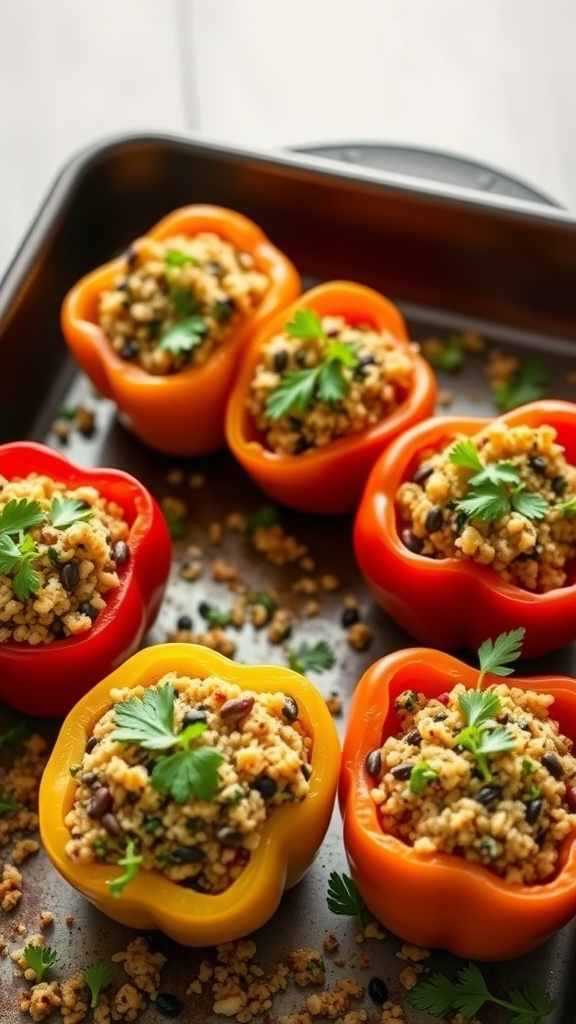 Colorful quinoa stuffed bell peppers garnished with fresh herbs