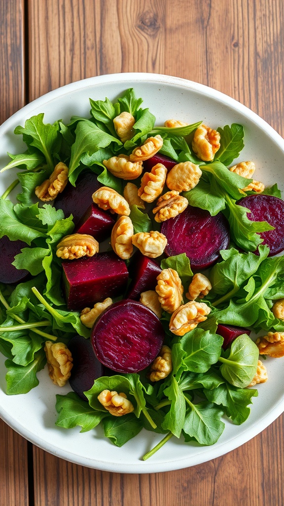 A vibrant salad with roasted beets, walnuts, and fresh greens on a wooden table.