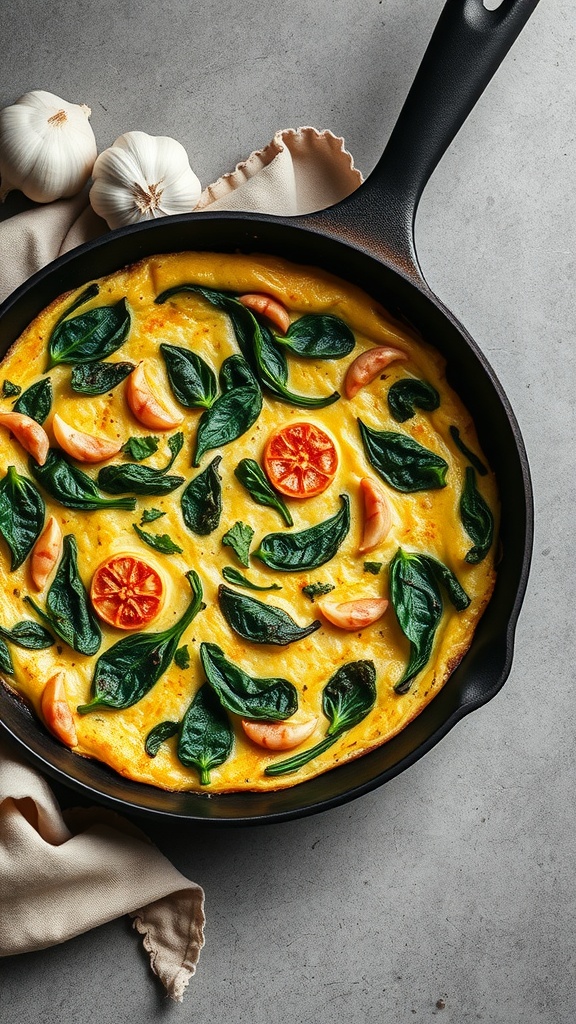 A skillet with roasted garlic and spinach frittata topped with slices of tomato and surrounded by garlic cloves.