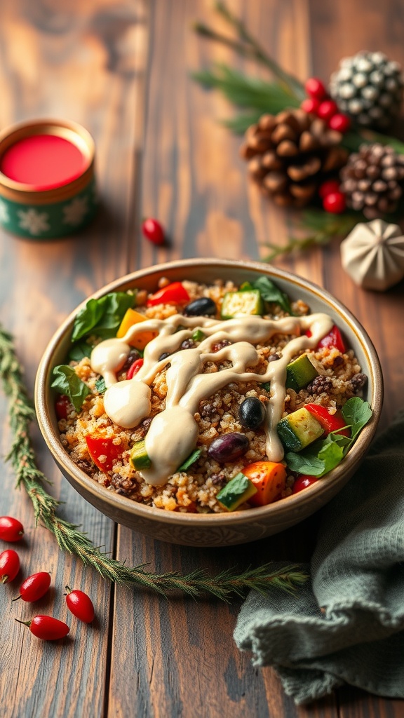 A delicious roasted vegetable quinoa bowl garnished with tahini sauce, surrounded by pine cones and holiday decorations.