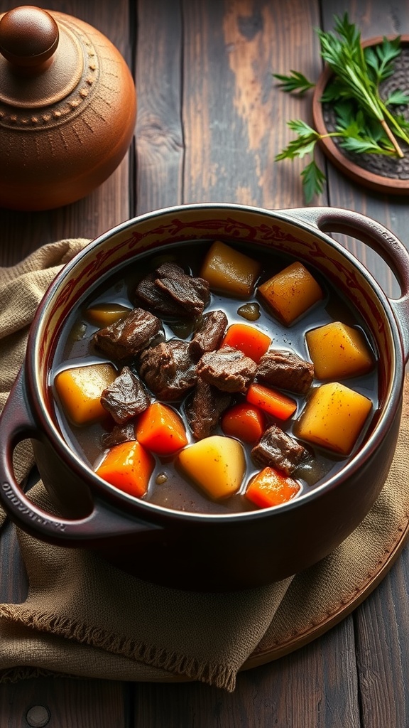 A pot of savory beef stew with root vegetables on a wooden table