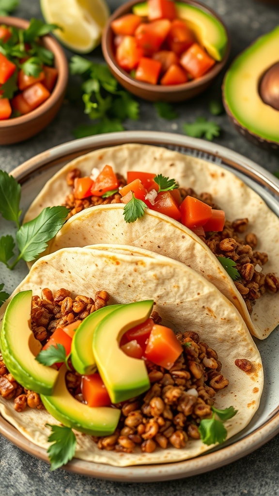 Plate of lentil tacos with avocado and tomatoes, served with lime and additional toppings.