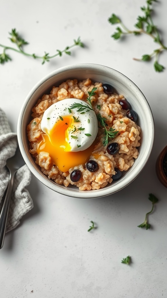 A bowl of savory oatmeal topped with a poached egg and garnished with herbs