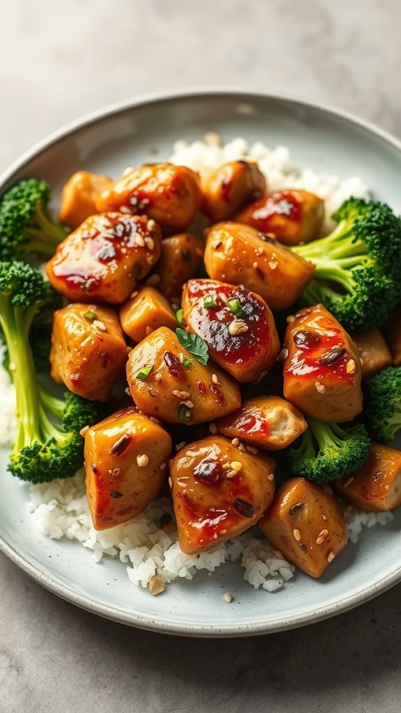 A plate of sesame ginger chicken with broccoli on a bed of rice.