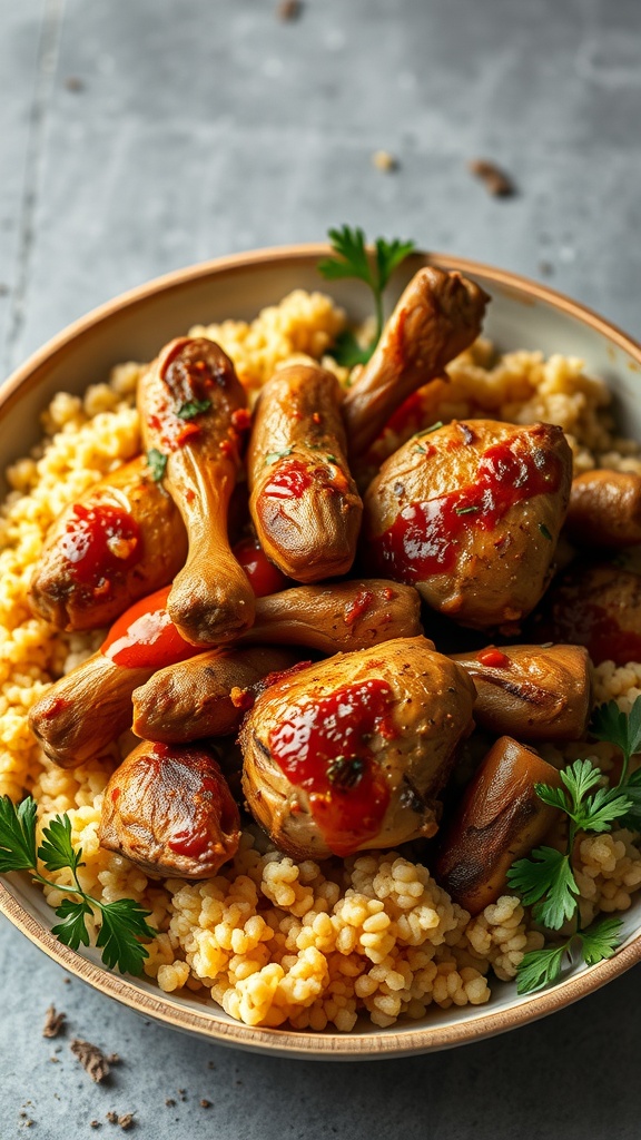 A bowl of slow-cooked Moroccan chicken served over couscous, garnished with parsley.