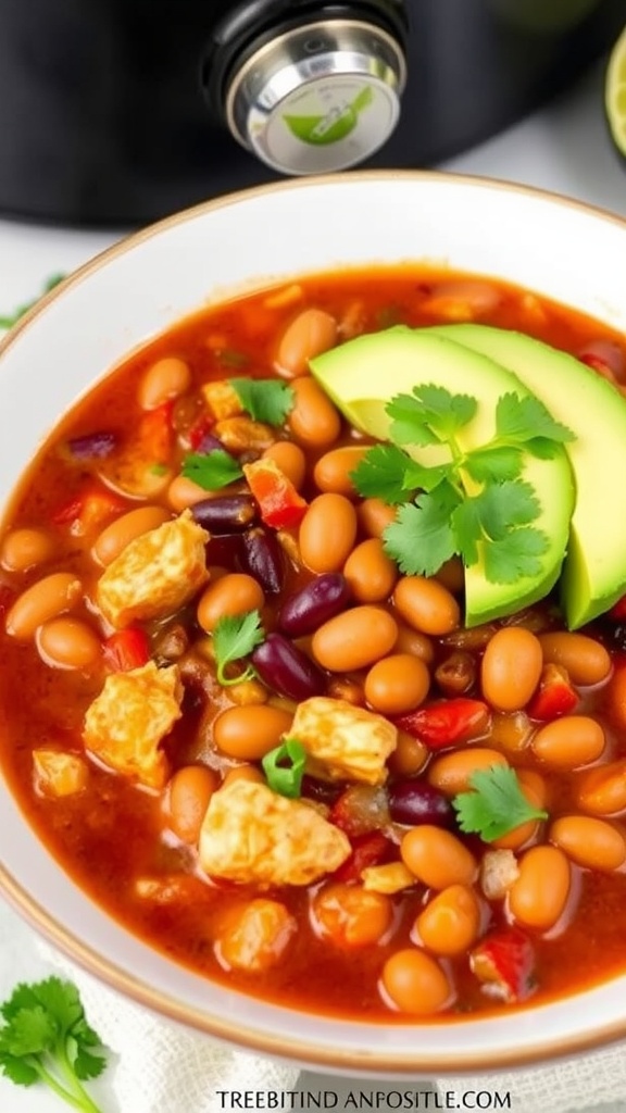 A bowl of chicken chili with beans topped with avocado and cilantro, next to a slow cooker.