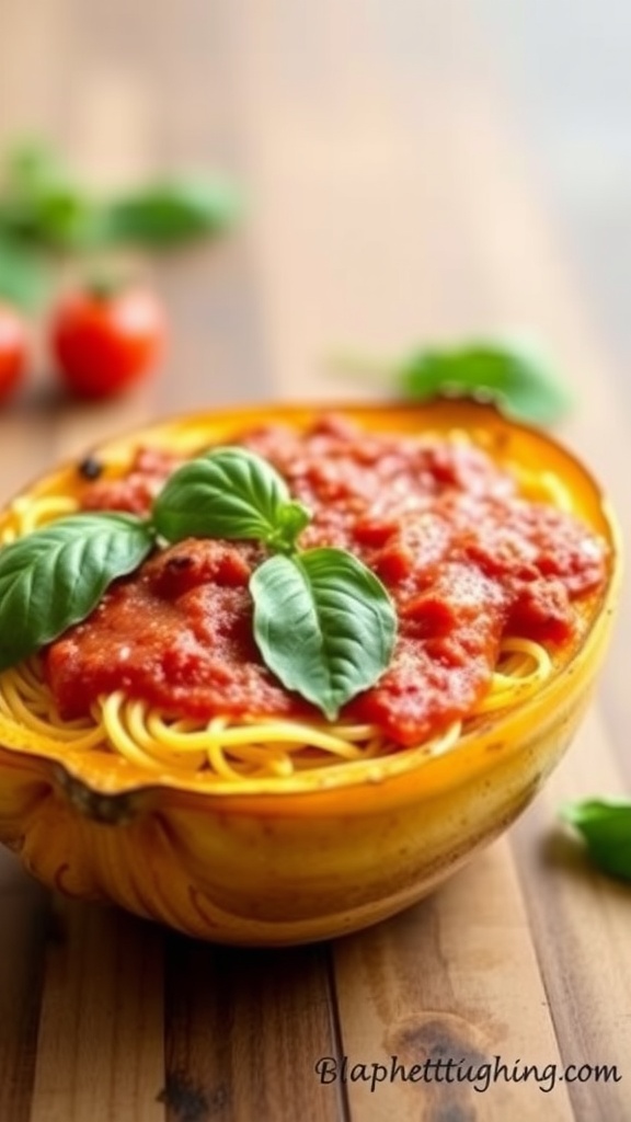 A serving of spaghetti squash topped with marinara sauce and fresh basil leaves, served in the squash shell.